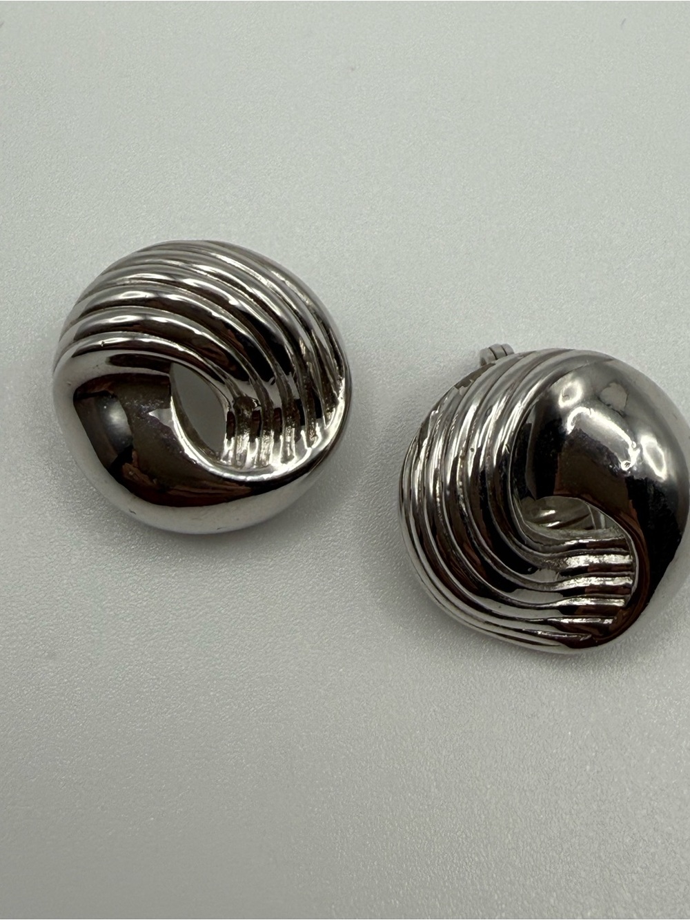 Vintage Monet Silver Tone Swirl Shell Clip On Earrings Signed 1” Statement